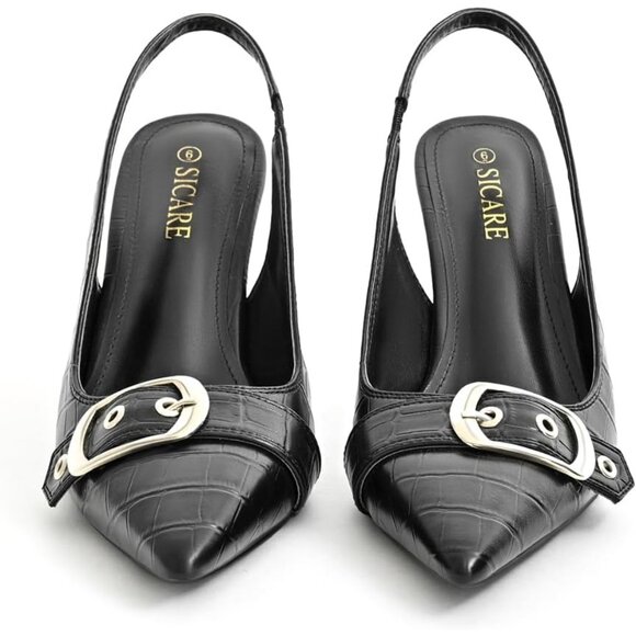 Black Synthetic Women Kitten Heels Pointed Toe Pumps Dress Shoes with Buckle - Picture 4 of 10